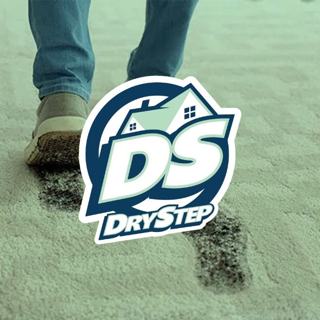 dry step carpet care logo overlaid on a green-tinted background image of a man tracking muddy bootprints on carpet