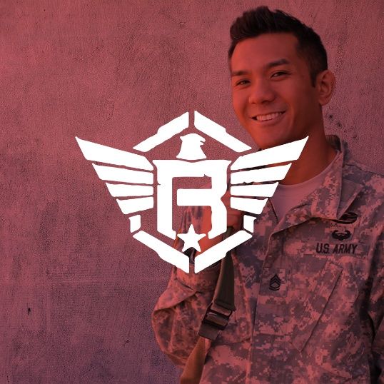reboot veterans logo overlaid on a red-tinted image of a smiling soldier wearing his uniform