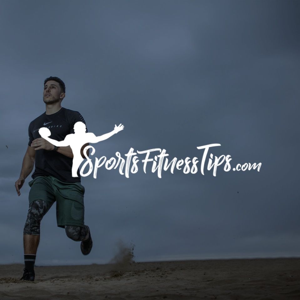 sports fitness tips logo overlaid on a blue-tinted background image of a man jogging outdoors